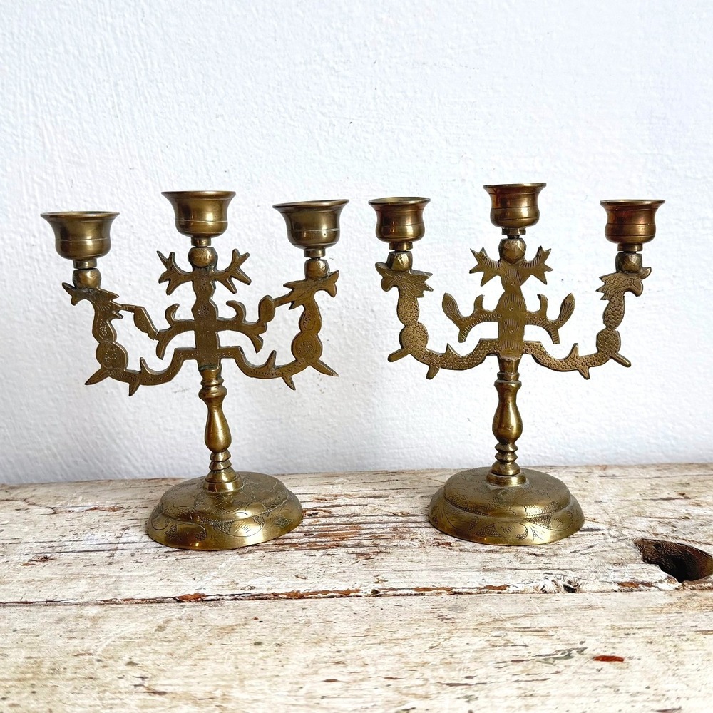 Vintage Brass Dragon Candelabra Pair 3 Light Etched Taper Holders India